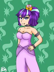 Size: 1500x2000 | Tagged: safe, artist:spokenmind93, character:starlight glimmer, species:human, arm band, bowsette, bracelet, choker, clothing, crossover, crown, cutie mark, dress, fangs, humanized, jewelry, makeup, new super mario bros., new super mario bros. u deluxe, nintendo, ponytail, princess starlight glimmer, regalia, simple background, super crown, super mario bros.