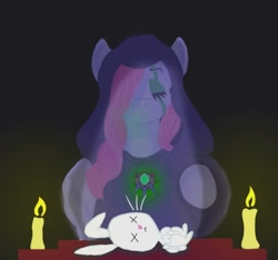 Size: 858x804 | Tagged: safe, artist:devorierdeos, character:angel bunny, character:fluttershy, species:pegasus, species:pony, species:rabbit, candle, dead, eyes closed, female, hooves, mare, necromancy, x eyes