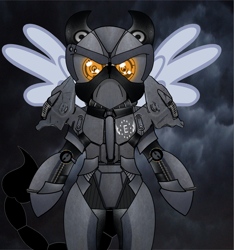 Size: 1898x2030 | Tagged: safe, artist:devorierdeos, oc, oc only, species:pegasus, species:pony, fallout equestria, armor, cloud, cloudy, enclave, enclave armor, fanfic, fanfic art, flying, grand pegasus enclave, hooves, male, power armor, solo, spread wings, stallion, wings