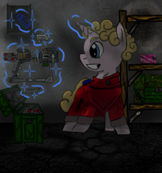 Size: 761x814 | Tagged: safe, artist:devorierdeos, oc, oc only, species:pony, species:unicorn, fallout equestria, drugs, energy weapon, fanfic, fanfic art, glowing horn, grin, gun, handgun, hooves, horn, laser pistol, levitation, magic, magical energy weapon, male, mint-als, pistol, scribe, smiling, solo, stallion, steel ranger, steel ranger scribe, steel rangers, tape, telekinesis, weapon