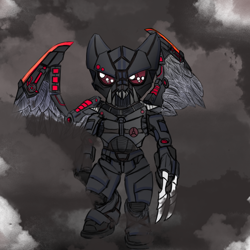 Size: 1000x1000 | Tagged: safe, artist:devorierdeos, oc, oc only, species:pegasus, species:pony, fallout equestria, armor, bipedal, blade, cloud, cloudy, enclave, enclave armor, fanfic, fanfic art, grand pegasus enclave, hooves, power armor, solo, spread wings, wings