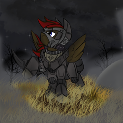 Size: 1000x1000 | Tagged: safe, artist:devorierdeos, oc, oc only, oc:lengard, species:pegasus, species:pony, fallout equestria, armor, cloud, cloudy, dashite, dead tree, enclave armor, fanfic, fanfic art, grass, hooves, male, night, power armor, raised hoof, solo, spread wings, stallion, stars, tree, wings