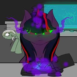 Size: 600x600 | Tagged: safe, artist:sinsays, part of a set, character:twilight sparkle, character:twilight sparkle (unicorn), oc, oc:pansy green, species:crystal pony, species:earth pony, species:pony, species:unicorn, ask corrupted twilight sparkle, book, corrupted, corrupted twilight sparkle, curved horn, dark, dark equestria, dark magic, dark queen, dark world, duo, duo female, ear fluff, female, horn, magic, nervous, part of a series, petrification, possessed, queen twilight, shaking, shaking in fear, sombra eyes, sombra horn, tumblr, tyrant sparkle, unwrapped, vortex manipulator
