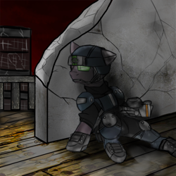 Size: 1000x1000 | Tagged: safe, artist:devorierdeos, oc, oc only, species:earth pony, species:pony, fallout equestria, armor, fanfic, fanfic art, gun, hooves, male, ruins, sitting, solo, squire, stallion, steel ranger, steel rangers, weapon