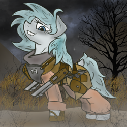 Size: 1000x1000 | Tagged: safe, artist:devorierdeos, oc, oc only, oc:white snow, species:earth pony, species:pony, battle saddle, cloud, cloudy, dead tree, fanfic, fanfic art, female, grass, grin, gun, hooves, mare, night, shotgun, smiling, solo, stars, tree, weapon