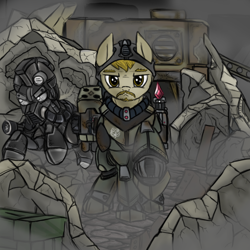 Size: 1000x1000 | Tagged: safe, artist:devorierdeos, oc, oc only, species:earth pony, species:pony, fallout equestria, armor, fanfic, fanfic art, gun, hooves, looking at you, male, power armor, rocket launcher, ruins, stallion, steel ranger, steel rangers, weapon