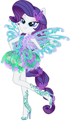 Size: 1450x2450 | Tagged: safe, artist:gihhbloonde, character:rarity, my little pony:equestria girls, aisha, blue wings, butterflix, clothing, crossover, dress, fairy, fairy wings, fairyized, female, high heels, layla, ponied up, pony ears, rainbow s.r.l, shoes, simple background, smiling, solo, transparent background, winged humanization, wings, winx club