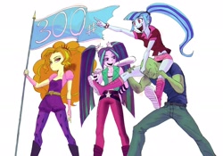 Size: 2222x1554 | Tagged: safe, artist:paradoxbroken, character:adagio dazzle, character:aria blaze, character:sonata dusk, oc, oc:anon, equestria girls:rainbow rocks, g4, my little pony: equestria girls, my little pony:equestria girls, baseball bat, belt, boots, breasts, clothing, cute, cutie mark on clothes, delicious flat chest, denim, ear piercing, earring, eyelashes, eyeshadow, female, fingerless gloves, flag, flatdagio dazzle, gloves, hair tie, headband, hunched over, jeans, jewelry, kneesocks, leggings, legs, lidded eyes, long socks, looking sideways, low angle, makeup, male, midriff, miniskirt, open mouth, pants, piercing, pigtails, pointing, ponytail, poofy shoulders, pouting, rolled up sleeves, shirt, shoes, shoulder ride, simple background, sitting on person, skirt, small breasts, smiling, socks, sonatabetes, spiked headband, spiked wristband, standing, the dazzlings, tight clothing, tights, twintails, white background, wip, wristband