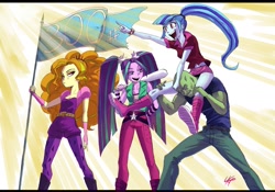 Size: 2059x1440 | Tagged: safe, artist:paradoxbroken, character:adagio dazzle, character:aria blaze, character:sonata dusk, oc, oc:anon, equestria girls:rainbow rocks, g4, my little pony: equestria girls, my little pony:equestria girls, belt, boots, clothing, crepuscular rays, cutie mark on clothes, denim, ear piercing, earring, eyelashes, eyeshadow, female, fingerless gloves, flag, gloves, hair tie, headband, jeans, jewelry, kneesocks, leggings, legs, lidded eyes, long socks, looking sideways, makeup, male, midriff, miniskirt, open mouth, pants, piercing, pigtails, pointing, ponytail, poofy shoulders, pouting, rolled up sleeves, shirt, shoes, simple background, sitting on person, skirt, skirt lift, smiling, socks, spiked wristband, standing, the dazzlings, tight clothing, twintails, wristband