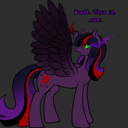 Size: 600x600 | Tagged: safe, artist:sinsays, part of a set, character:twilight sparkle, character:twilight sparkle (alicorn), species:alicorn, species:pony, ask corrupted twilight sparkle, color change, corrupted, corrupted twilight sparkle, curved horn, dark, dark equestria, dark magic, dark queen, dark world, darkened coat, darkened hair, ear fluff, ethereal mane, female, horn, jagged horn, looking at new wings, magic, part of a series, possessed, queen twilight, solo, sombra empire, sombra eyes, sombra horn, tumblr, tyrant sparkle