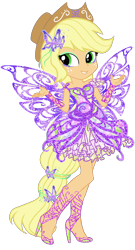 Size: 1400x2600 | Tagged: safe, artist:gihhbloonde, character:applejack, species:human, my little pony:equestria girls, applejack also dresses in style, blue wings, butterflix, clothing, cowboy hat, crossover, dress, fairy, fairy wings, fairyized, female, hat, high heels, humanized, ponied up, pony ears, purple wings, rainbow s.r.l, shoes, simple background, smiling, solo, stetson, tecna, transparent background, winged humanization, wings, winx club