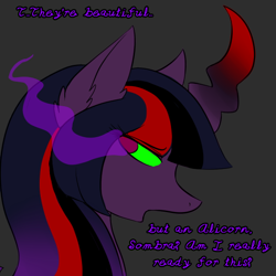 Size: 600x600 | Tagged: safe, artist:sinsays, part of a set, character:twilight sparkle, character:twilight sparkle (alicorn), species:alicorn, species:pony, ask corrupted twilight sparkle, corrupted, corrupted twilight sparkle, curved horn, dark, dark equestria, dark magic, dark queen, dark world, ear fluff, ethereal mane, female, horn, implied king sombra, implied shipping, implied straight, jagged horn, looking at someone, looking at someone who should be there in our place and perspective, magic, part of a series, possessed, queen twilight, solo, sombra empire, sombra eyes, sombra horn, tumblr, tyrant sparkle