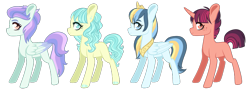 Size: 1195x433 | Tagged: safe, artist:whalepornoz, oc, oc only, oc:cinnamon spark, oc:diamond rhapsody, oc:evening blitz, oc:sunrise sky, parent:big macintosh, parent:coco pommel, parent:coloratura, parent:flash sentry, parent:lightning dust, parent:rarity, parent:twilight sparkle, parents:flashlight, parents:twimac, species:earth pony, species:pegasus, species:pony, species:unicorn, adoptable, blank flank, colored hooves, colored wings, colored wingtips, crack ship offspring, crown, ear piercing, earring, female, filly, freckles, jewelry, magical lesbian spawn, offspring, parents:cocoratura, parents:raridust, piercing, regalia, side view, simple background, transparent background