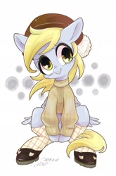 Size: 1352x2048 | Tagged: safe, artist:bbtasu, character:derpy hooves, species:pegasus, species:pony, clothing, cute, derpabetes, female, hat, mare, shoes, smiling, socks, solo, sweater