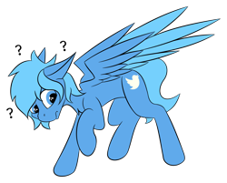 Size: 1600x1287 | Tagged: safe, artist:bitrate16, species:pegasus, species:pony, colored wings, colored wingtips, confused, cute, floppy ears, frown, looking back, looking down, male, meta, ponified, question mark, raised hoof, simple background, solo, stallion, transparent background, twitter
