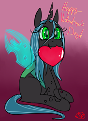 Size: 1000x1375 | Tagged: safe, artist:ryuredwings, character:queen chrysalis, species:changeling, changeling queen, female, heart, holiday, mouth hold, solo, valentine's day