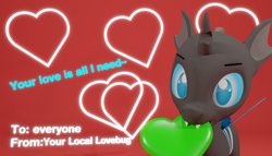 Size: 2100x1200 | Tagged: safe, artist:deloreandudetommy, oc, oc only, oc:archex, species:changeling, 3d, blender, blue changeling, caption, changeling oc, cute, cuteling, fangs, green heart, heart, holiday, looking at you, love, mouth hold, solo, text, valentine, valentine's day, valentine's day card