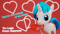 Size: 2100x1200 | Tagged: safe, artist:deloreandudetommy, oc, oc only, oc:supersaw, species:pony, species:unicorn, 3d, blender, blue eyes, caption, heart, holiday, looking at you, mouth hold, solo, text, valentine's day, valentine's day card