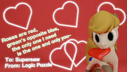 Size: 2100x1200 | Tagged: safe, artist:deloreandudetommy, oc, oc only, oc:logic puzzle, species:earth pony, species:pony, 3d, blender, caption, heart, holiday, mouth hold, rubik's cube, text, valentine's day, valentine's day card