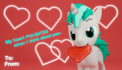 Size: 2100x1200 | Tagged: safe, artist:deloreandudetommy, oc, oc only, oc:pulse wave, species:pony, species:unicorn, 3d, blender, caption, heart, holiday, mouth hold, text, valentine's day, valentine's day card