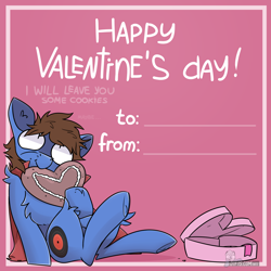 Size: 5120x5120 | Tagged: safe, artist:difis, oc, oc only, oc:bizarre song, absurd resolution, box of chocolates, cape, chest fluff, clothing, cookie, cutie mark, dialogue, eating, food, heart, holiday, messy mane, simple background, sitting, valentine, valentine's day, valentine's day card