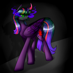 Size: 600x600 | Tagged: safe, artist:sinsays, character:twilight sparkle, character:twilight sparkle (alicorn), species:alicorn, species:pony, ask corrupted twilight sparkle, color change, corrupted, corrupted twilight sparkle, curved horn, dark, dark equestria, dark magic, dark queen, dark world, darkened coat, darkened hair, ear fluff, ethereal mane, female, horn, jagged horn, magic, possessed, queen twilight, solo, sombra empire, sombra eyes, sombra horn, tumblr, twilight is anakin, tyrant sparkle