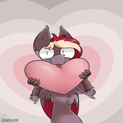 Size: 5120x5120 | Tagged: safe, artist:difis, oc, oc only, oc:velvet quill, species:hippogriff, absurd resolution, blep, chest fluff, cute, ear piercing, happy, heart, heart background, licking, male, piercing, silly, simple background, solo, tongue out, ych result