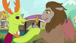 Size: 1157x668 | Tagged: safe, artist:fantasygerard2000, character:scorpan, character:thorax, species:changeling, species:gargoyle, species:reformed changeling, g1, g1 to g4, generation leap, ponyville
