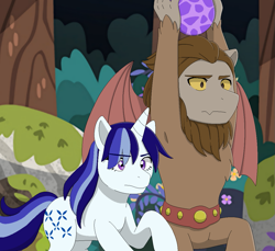 Size: 1105x1010 | Tagged: safe, artist:fantasygerard2000, character:majesty, character:scorpan, species:gargoyle, species:pony, species:unicorn, g1, armpits, cutie mark, duo, egg, female, forest, g1 to g4, generation leap, headcanon, horn, mare, queen majesty, running, spike's egg, wings