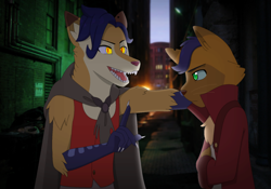 Size: 1670x1170 | Tagged: safe, artist:fantasygerard2000, character:capper dapperpaws, species:abyssinian, species:anthro, species:fox, my little pony: the movie (2017), alleyway, cape, cat, clothing, description at source, glowing eyes, headcanon, longcoat, mendax