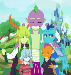 Size: 1691x1776 | Tagged: safe, artist:fantasygerard2000, character:ocellus, character:pharynx, character:prince pharynx, character:princess ember, character:smolder, character:spike, character:thorax, species:anthro, species:changeling, species:dragon, species:reformed changeling, ship:emberspike, ship:thoraxspike, anthro dragon, bandage, bisexual, cape, changedling brothers, changeling kingdom, clothing, dragon lord ember, embrax, family photo, female, gay, headcanon, hoodie, horns, humanoid, interspecies, king thorax the fabulous, male, polyamory, shipping, spembrax, straight, sweater, wings