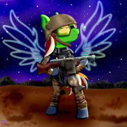 Size: 3000x3000 | Tagged: safe, artist:theartistsora, oc, oc only, oc:wandering sunrise, species:earth pony, species:pony, fallout equestria, angel with a shotgun, angelic wings, armor, dead tree, fallout, fallout equestria: dead tree, female, green pony, gun, helmet, mare, orange tail, red mane, shotgun, song reference, the cab, tree, wandering sunrise, wasteland, weapon, white hair