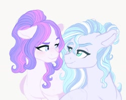 Size: 1942x1536 | Tagged: safe, artist:whalepornoz, oc, oc only, oc:aurora mist, oc:morning blossom, parent:sky stinger, parent:spearhead, parent:twinkleshine, parent:vapor trail, species:pegasus, species:pony, blushing, eye contact, female, lesbian, looking at each other, oc x oc, offspring, shipping, simple background