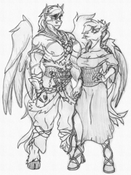 Size: 1500x2000 | Tagged: safe, artist:siegfriednox, oc, oc only, oc:peppercorn, oc:umami stale, species:anthro, species:pegasus, species:pony, anthro oc, breasts, cleavage, clothing, cloven hooves, dagger, dress, female, male, mare, monochrome, oc x oc, partial nudity, shipping, stallion, tattoo, topless, traditional art, weapon, wings