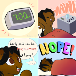 Size: 1500x1500 | Tagged: safe, artist:talimingi, oc, oc only, oc:kraggera, species:pony, bed, nope, relatable, solo, waking up, ych result