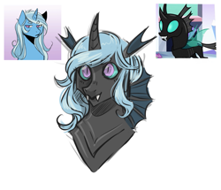 Size: 1195x1026 | Tagged: safe, artist:mscootaloo, character:thorax, character:trixie, oc, parent:thorax, parent:trixie, parents:thoraxie, species:changepony, bust, female, hybrid, interspecies offspring, male, offspring, shipping, slit eyes, straight, thoraxie