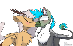 Size: 1688x1080 | Tagged: safe, artist:difis, oc, oc only, oc:antler pone, oc:fluffy (the griffon), species:griffon, species:pegasus, species:pony, g4, antlers, blushing, female, griffon oc, kissing, male, mare, non-pony oc, pegasus oc, startled