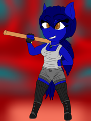 Size: 1200x1600 | Tagged: safe, artist:splint, oc, oc:brace, species:anthro, boots, chibi, clothing, combat boots, cute, dog tags, fingerless gloves, gloves, grin, hammer, low cut top, ponytail, shoes, shorts, sledgehammer, smiling, socks, tank top