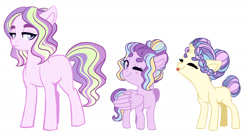Size: 1693x936 | Tagged: safe, artist:whalepornoz, character:princess gold lily, character:princess skyla, character:princess sterling, oc, oc:princess gold lily, oc:princess skylar, oc:princess sterling, parent:princess cadance, parent:shining armor, parents:shiningcadance, species:earth pony, species:pegasus, species:pony, species:unicorn, beanbrows, big wings, blank flank, braid, eyebrows, eyes closed, female, filly, lidded eyes, offspring, one eye closed, simple background, tail bun, tongue out, white background, wings, wink