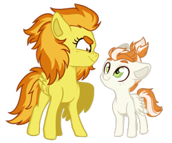 Size: 1059x880 | Tagged: safe, artist:whalepornoz, character:fire streak, character:spitfire, species:pegasus, species:pony, alternate hairstyle, bushy brows, cousins, freckles, ponytail, smiling, wings, younger