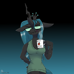 Size: 5120x5120 | Tagged: source needed, useless source url, safe, artist:difis, artist:dumbf, character:queen chrysalis, species:anthro, species:changeling, beauty mark, breasts, changeling queen, cleavage, crown, female, floppy ears, gradient background, jewelry, ladybug, mommy chrissy, mug, regalia, sleeveless, solo