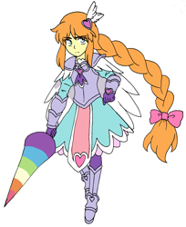 Size: 1364x1668 | Tagged: safe, artist:fantasygerard2000, character:megan williams, species:human, my little pony:equestria girls, armor, bow, braid, cape, clothing, dress, female, gloves, headcanon, lance, looking at you, older, simple background, weapon, white background
