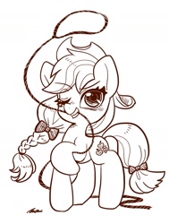 Size: 1392x1841 | Tagged: safe, artist:bbtasu, character:applejack, species:earth pony, species:pony, alternate hairstyle, bow, braid, cute, female, hair bow, jackabetes, lasso, mare, monochrome, mouth hold, one eye closed, rope, simple background, solo, tail bow, white background, wink