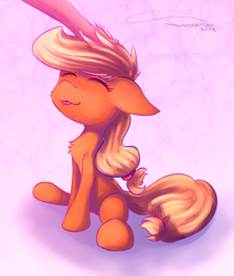 Size: 1946x2300 | Tagged: safe, artist:ferasor, character:applejack, species:human, species:pony, eyes closed, female, floppy ears, hand, head pat, human on pony petting, mare, pat, petting, solo, tongue out