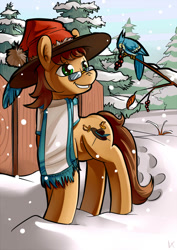 Size: 706x1000 | Tagged: safe, artist:lexx2dot0, species:bird, species:earth pony, species:pony, clothing, crossover, d'artagnan, glasses, hat, ponified, scarf, scenery, snow, solo, the three musketeers
