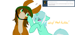 Size: 1280x597 | Tagged: safe, artist:azure-doodle, character:lyra heartstrings, oc, oc:charlie foxtrot, species:mule, species:pony, species:unicorn, blushing, dialogue, eyes closed, female, mare, sexually confused lyra, simple background, smiling, tumblr, white background