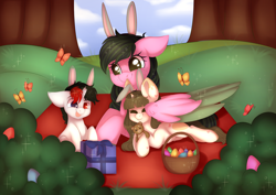 Size: 3000x2126 | Tagged: safe, artist:adostume, oc, oc:adostume, oc:heinrich hirsch, oc:ida hirsch, species:pegasus, species:pony, species:unicorn, basket, broken horn, bunny ears, bush, butterfly, colored wings, colt, cute, easter, easter basket, easter egg, egg, female, filly, green eyes, heterochromia, high res, holiday, horn, male, mare, mother, mother and son, present, teddy bear, tongue out, wings