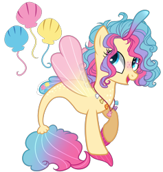 Size: 2750x2900 | Tagged: safe, artist:gihhbloonde, oc, oc only, oc:princess aqua pink, parent:pinkie pie, parent:princess skystar, parents:skypie, species:pony, species:seapony (g4), icey-verse, blushing, female, fin wings, freckles, hybrid, interspecies offspring, jewelry, magical lesbian spawn, mare, necklace, next generation, offspring, raised hoof, seashell, seashell necklace, simple background, solo, transparent background