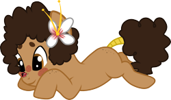 Size: 1286x749 | Tagged: safe, artist:chipmagnum, oc, oc:rice paddy, species:earth pony, species:pony, cross-eyed, female, flower, flower in hair, insect on nose, ladybug, looking at something, mare, prone, simple background, solo, transparent background