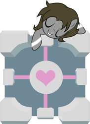 Size: 739x1017 | Tagged: safe, artist:chipmagnum, oc, oc:jake, species:pony, companion cube, male, portal (valve), simple background, solo, stallion, transparent background
